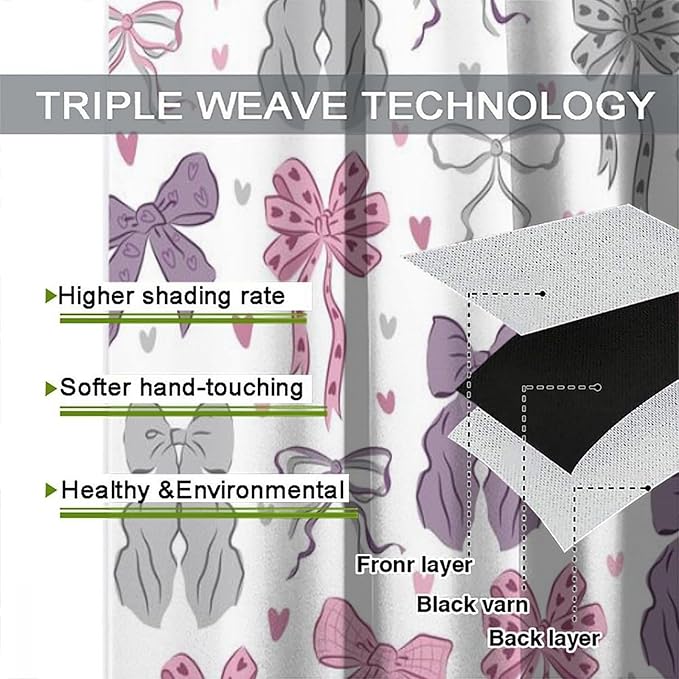 Bowknot Blackout Curtain,Kids Girls Cute Bow Tie Print Pink Purple Window Curtains for Dining Room Living Room Kitchen Cafe Bedroom Office Nursery Drapes,52x84 in