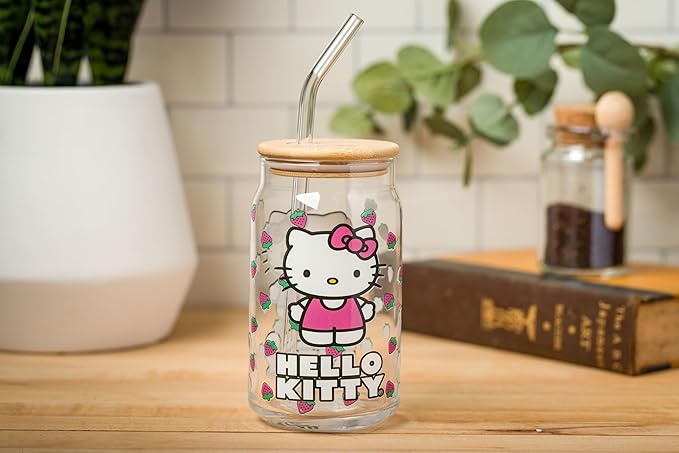 Silver Buffalo Sanrio Hello Kitty Strawberry Glass Jar Tumbler with Bamboo Lid and Glass Straw,16 Ounces,(Pack of 12)