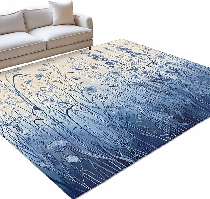 Area Rug 8x10ft, Vintage Boho Blue Wildflowers Meadow Washable Rugs for Living Room Bedroom, Abstract Flower Soft Non-Slip Area Rugs Rectangle Floor Carpet for Dining Room