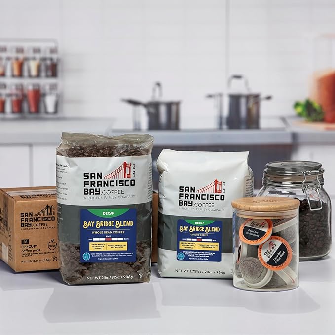 San Francisco Bay Decaf Whole Bean Coffee, Decaf Bay Bridge Blend (32 oz Bag), Medium Roast Coffee Beans, Swiss Water Process