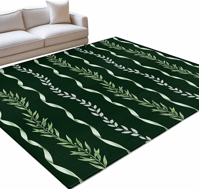 Area Rug 9x12ft, Botanical Leaves Green Ribbons Washable Rugs for Living Room Bedroom Rectangle Floor Carpet, Summer Foliage Plant Soft Non-Slip Area Rugs for Dining Room