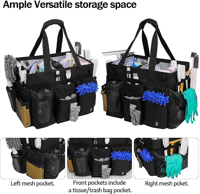 Extra large Rolling Cleaning caddy bag Built-in Hard Support Board,Cleaning Cart with Detachable Trolley, Housekeeping Cleaning caddy with Adjustable Shoulder Strap and Multiple Storage Pockets