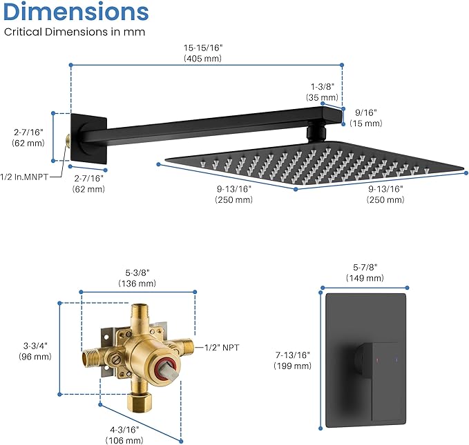 KIBI Cube Rain Shower System with Valve, Wall Mounted Shower Faucet Set – Single Function Solid Brass Pressure Balanced Bathroom Shower System with Rainfall Shower Head, Matte Black