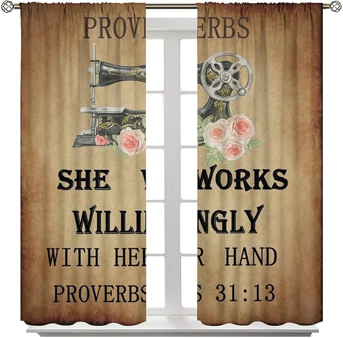 Sewing Machine Blackout Curtain,Vintage Rustic Sewing Theme Flower Rose Cloth Farbic Window Curtains for Bedroom Cafe Dining Room Office Living Room Kitchen Drapes, 42x54 in