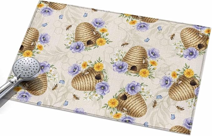 Area Rug 2x3ft, Garden Beehives Honeybees Washable Rugs for Living Room Bedroom, Country Purple Floral Soft Non-Slip Area Rugs Rectangle Floor Carpet for Dining Room