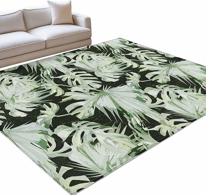Area Rug 3x5ft, Abstract Dark Green Palm Leaves Washable Rugs for Living Room Bedroom, Watercolor Plants Soft Non-Slip Area Rugs Rectangle Floor Carpet for Dining Room