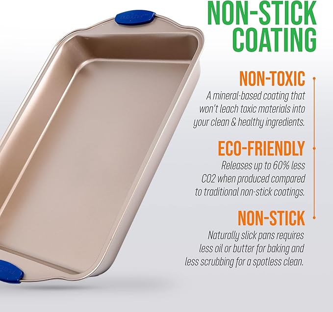 NutriChef 17” x 12" Non-Stick Loaf Baking Pan - Carbon Steel Pan for Cakes, Bread, & Brownies - Blue Silicone Handles, Champagne Gold