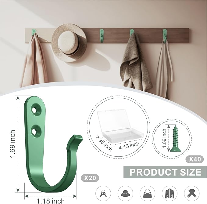 BREYDROK 20PCS Heavy Duty Metal Wall Hooks, Coat Hooks for Hanging - with 40 Screws for Coats Towels Backpacks - Mint Green