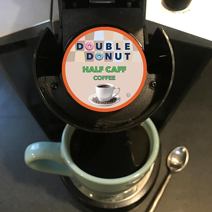 Double Donut Coffee Half Caff Coffee Pods, Single Serve Half Caffeine Coffee Pods For Keurig K Cup Brewers, Medium Roast, 80 Count
