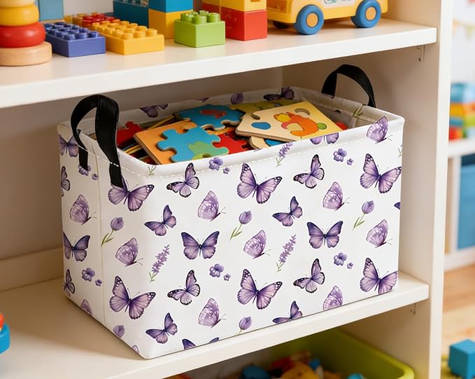 Essme Rectangular Kids Baskets,Butterfly Storage Box,Cute Basket for Kids with Handles for Room Decor, Book Bins.(Purple butterfly)