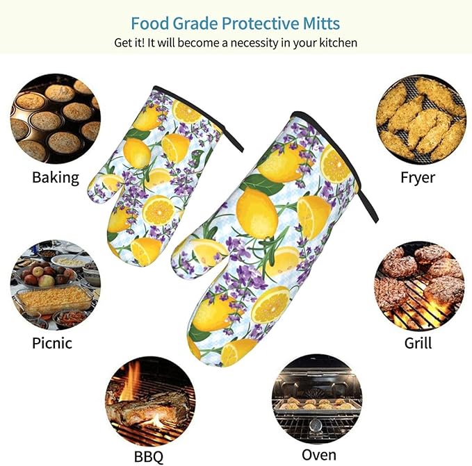 Lemon Lavender Oven Mitts of 2-Pack Set, Funny Kitchen Gloves Heat Resistant Non-Slip Kitchen Mitts Safe Cooking Baking Grilling