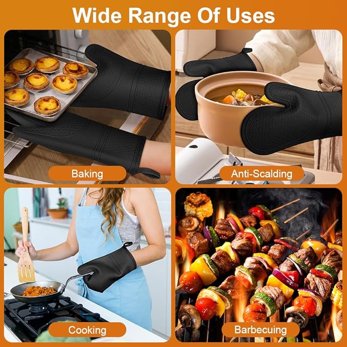 AUAUY Oven Mitts with 2 Potholders, Silicone Oven Gloves Heat Resistant 464°F, Non-Slip Silicone BBQ Gloves, Waterproof Cooking Gloves, Oven Gloves for Barbecue Kitchen Baking Microwave, Black