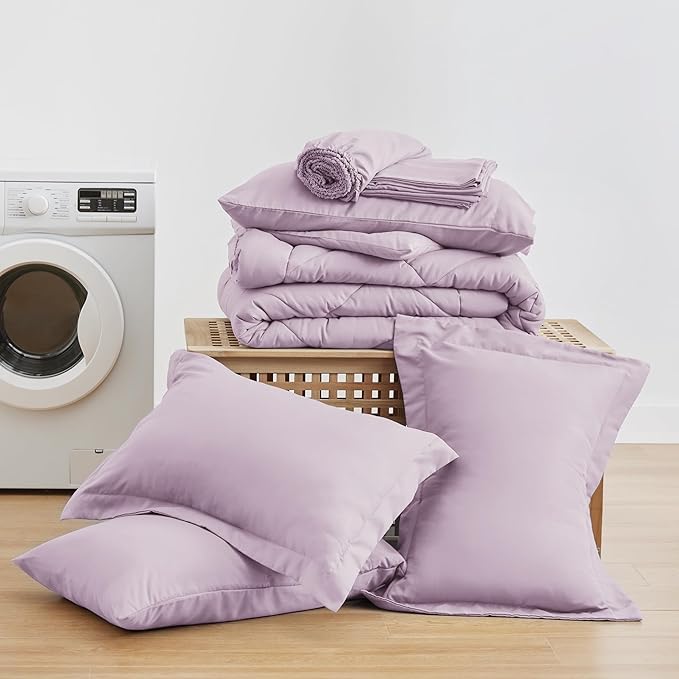 Love's cabin Queen Comforter Set Light Purple, 7 Pieces Queen Bed in a Bag, All Season Bedding Sets with 1 Comforter, 1 Flat Sheet, 1 Fitted Sheet, 2 Pillowcase and 2 Pillow Sham | Soft, Breathable, Lightweight, Comfortable