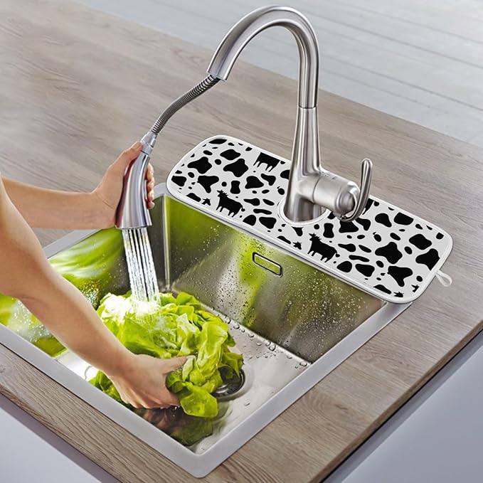 Kitchen Faucet Absorbent Mat,Cow Print Water Splash Guard for Sink, Faucet Drip Catcher Thicken Sponge Microfiber Faucet Water Catcher Mat Sink Absorbent Mat for Kitchen 14x5in 2 Pack