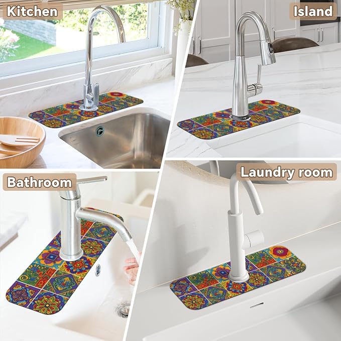 Bohemian Absorbent Sink Faucet Mat, Mexican Tiles Kitchen Faucet Mat, Sink Splash Guard, for Bathroom Kitchen Sink Splash Guard Drying Mat, Exotic Home Decor, 15.4"x5.7"