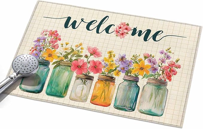 Area Rug 2x3ft, Summer Pastoral Flower Buffalo Plaid Washable Rugs for Living Room Bedroom, Rustic Blossom Floral Soft Non-Slip Area Rugs Rectangle Floor Carpet for Dining Room