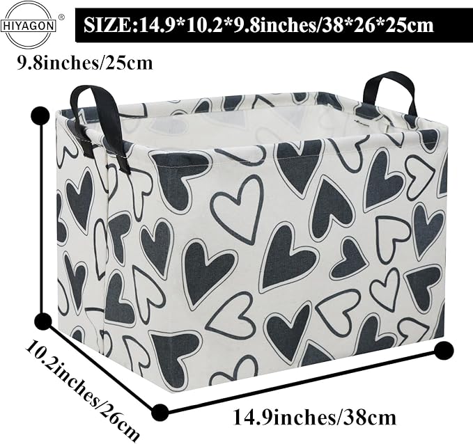 HIYAGON Rectangular Heart Basket Kids Storage Bin Basket Organizer Box Valentine Room Decor(Black Heart)
