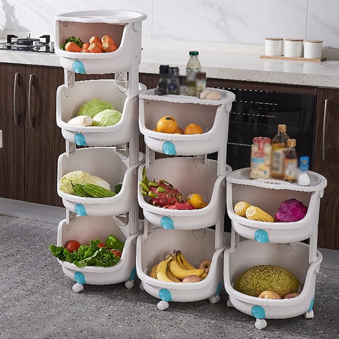 Kitchen Storage Rack Kitchen Plastic Storage Rack Trolley Vegetable Basket Fruit Floor-to-Ceiling Multi-Layer 4-Wheel Rotating Belt Pulley Storage Shelves (Color : 2-Layer) (2 Layer)