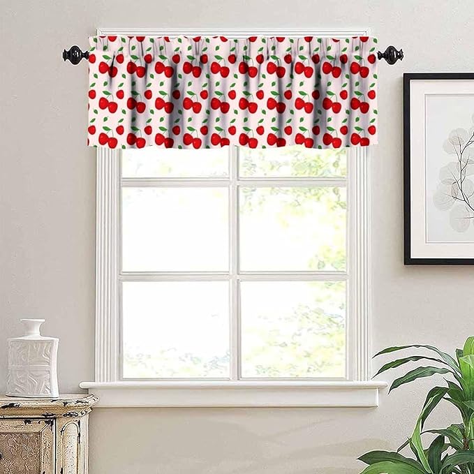 Red Cherry Curtain Valance, Cute Fruit Farmhouse Decorative Rod Pocket Window Drapes for Kitchen Dining Room Bedroom Living Room Cafe Party Home Decoration, 54x18Inch