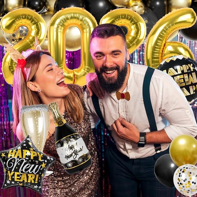 Happy New Year Party Decoration 2026 Foil Balloon Banner and Curtains Disco Balloons Champagne Balloon New Years Eve Black and Gold Party Supplies Decorations