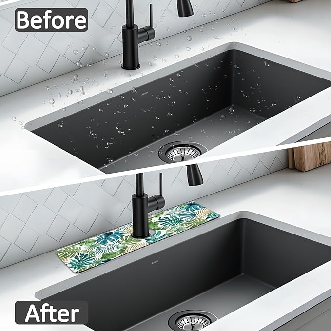 2PCS 15" X 5.5" Kitchen Sink Splash Guard Faucet Mat Leaf Super Absorbent Fast Drying Faucet Guard & Draining Mat Sink Splash Guard Behind Faucet for Kitchen, Bathroom