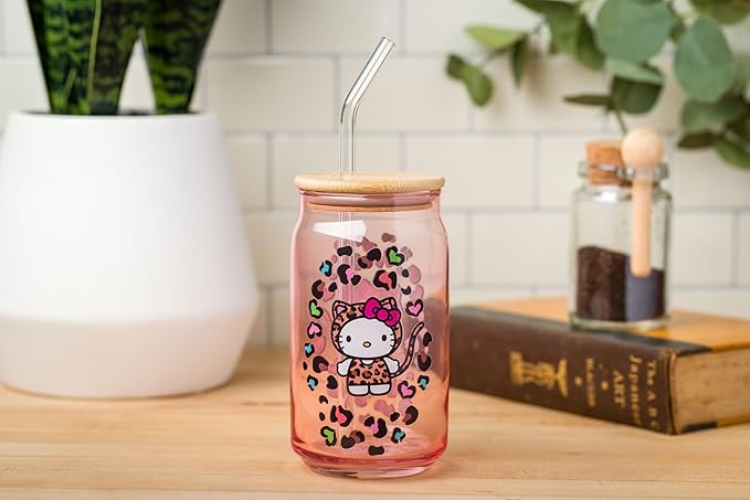 Silver Buffalo Sanrio Hello Kitty in Leopard Print Outfit and Leopard Cat Print Pattern Pink Glass Jar Tumbler with Bamboo Lid and Glass Straw, 16 Ounces