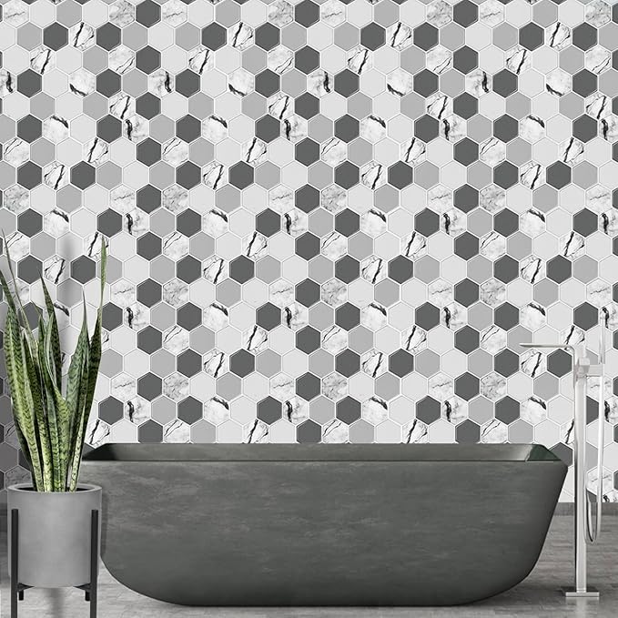 Décor Wow Peel & Stick Backsplash for Kitchen & Bathroom White & Grey Hexagon, 1 sq ft (8-Pack)