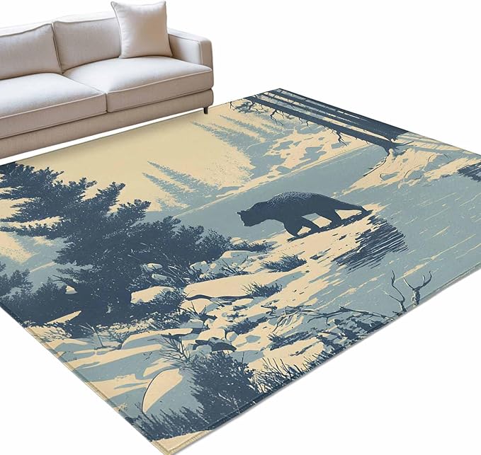 Area Rug 4x6ft, Winter Bear Evergreen Trees Washable Rugs for Living Room Bedroom, Rustic Snow River Soft Non-Slip Area Rugs Rectangle Floor Carpet for Dining Room