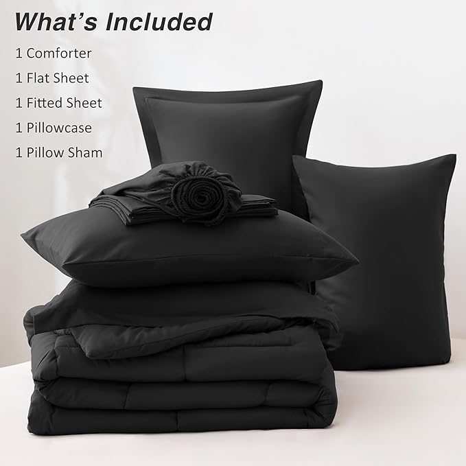Love's cabin Twin XL Comforter Set Ash Black, 5 Pieces Twin XL Bed in a Bag, All Season Bedding Sets with 1 Comforter, 1 Flat Sheet, 1 Fitted Sheet, 1 Pillowcase and 1 Pillow Sham | Soft, Breathable, Lightweight, Comfortable