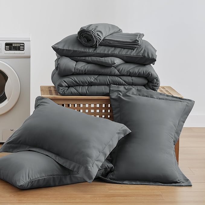 Love's cabin King Size Comforter Set Dark Grey, 7 Pieces King Bed in a Bag, All Season Bedding Sets with 1 Comforter, 1 Flat Sheet, 1 Fitted Sheet, 2 Pillowcase and 2 Pillow Sham | Soft, Breathable, Lightweight, Comfortable