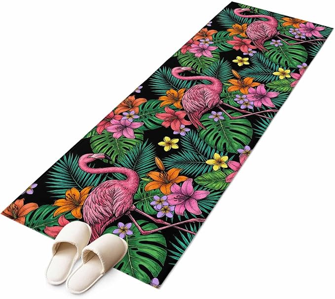 Runner Rug for Bedroom Hallway, Pink Flamingos Tropical Leaf Kitchen Runner Rugs Area Rug 2x6ft, Colorful Lily Blossom Floral Washable Soft Floor Carpet for Entryway Stair