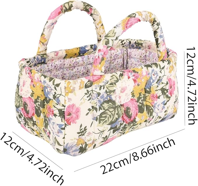 Quilted Fabric Storage Basket Floral Baby Diaper Caddy Quilted Basket for Nursery Bedroom Car Storage