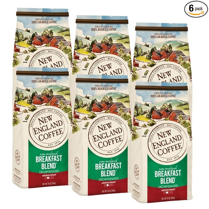 New England Coffee Breakfast Blend Decaffeinated Medium Roast Ground Coffee, 10oz Bag (Pack of 6)