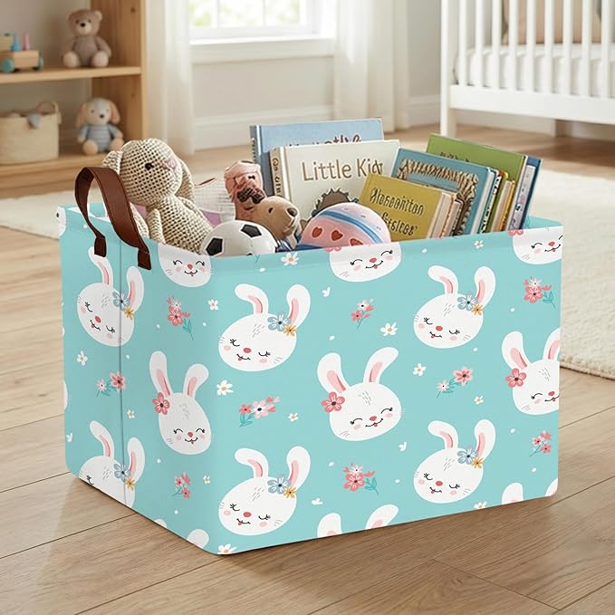 Kid Large Empty Easter Basket Gift Personalized Fabric Bunny Easter Basket for Boy and Girl Room Decor Storage Bin (Happy Rabbit Flower Blue)
