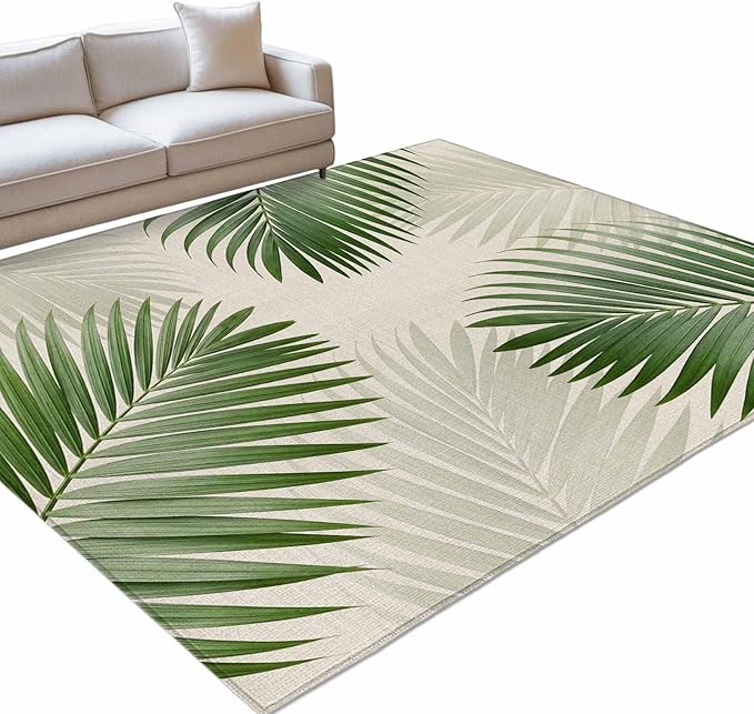 Area Rug 3x5ft, Rustic Sage Green Palm Leaves on Linen Washable Rugs for Living Room Bedroom, Summer Plants Soft Non-Slip Area Rugs Rectangle Floor Carpet for Dining Room