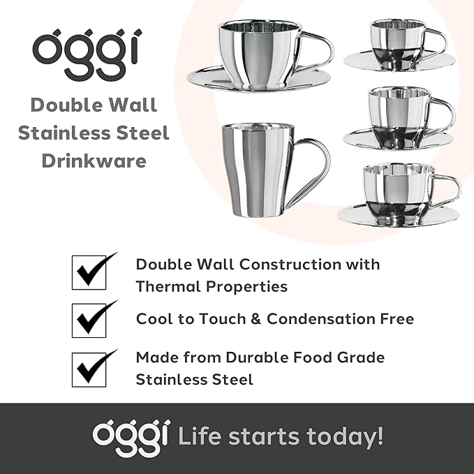 Oggi Insulated Coffee Mug 12oz - Dual Wall Stainless Steel Technology Coffee or Tea Mug with Elegant Mirror Finish, Ideal Used for Cappuccino, Latte and Americano Coffee