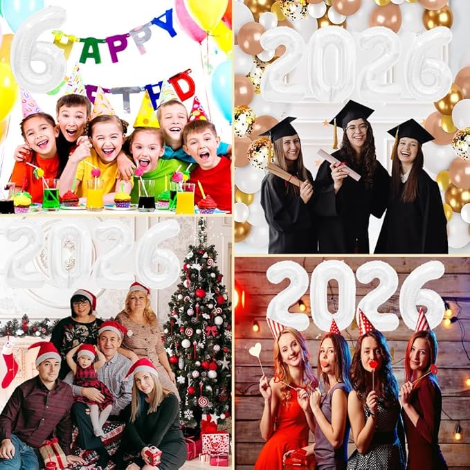 2026 Balloons, 2026 Number Balloons, 2026 White Balloon, Foil Happy New Year Balloon for New Year Eve Party Supplies 2026 Graduation Decorations Anniversary Birthday Home Office Decorations, 16 Inch