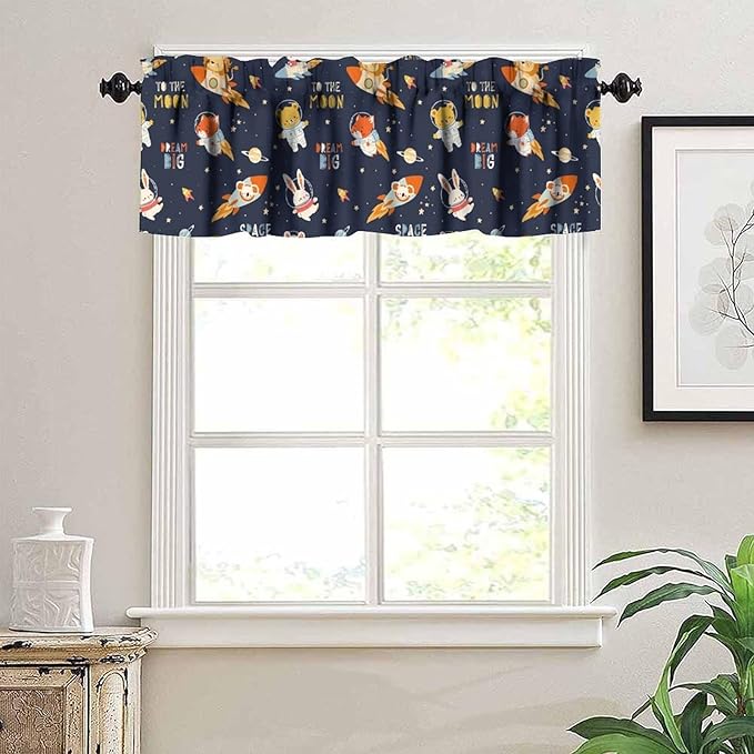 Animal Astronaut Valance, Funny Cartoon Animals Spacemen Rocket Kids Boys Window Treatment for Kitchen Dining Bedroom Nursery Decor, 54x18Inch