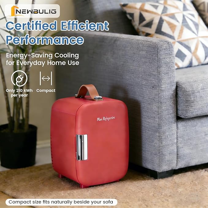NEWBULIG Mini Fridge for Bedroom, Office & Car, Portable 4L/4.23QT Mini Refrigerator for Skincare with Handle, Ultra-Quiet Energy-Saving Compact Cooler for Drinks, Food, Skincare & Makeup, 12V AC/DC