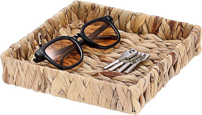 Natural Water Hyacinth Tray Handwoven Wicker Basket Tray for Decoration Square Serving Tray for Coffee Table Living Room Kitchen, 8.5" x 8.5" x 1.6"