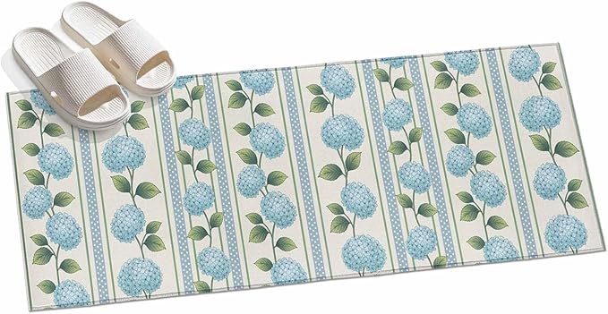 Runner Rug for Bedroom Hallway, Spring Blue Flower Hydrangea Leaf Kitchen Runner Rugs Area Rug 2x6ft, Floral Stripes on Linen Washable Soft Floor Carpet for Entryway Stair