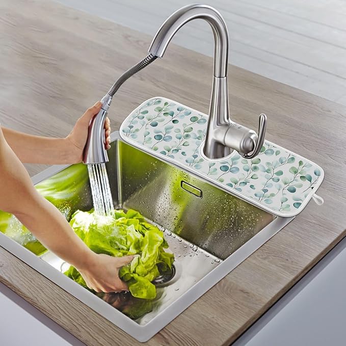 Kitchen Faucet Absorbent Mat,Flower Green Leaves Water Splash Guard for Sink, Faucet Drip Catcher Thicken Sponge Microfiber Faucet Water Catcher Mat Sink Absorbent Mat for Kitchen 30x5in 2 Pack