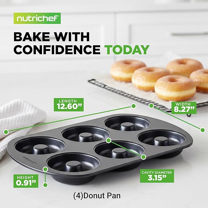 NutriChef Nonstick Donut Pans for Baking | 6 Durable & Easy to Clean Doughnut Molds | Fits Full-Sized Doughnuts | Oven Safe Up To 450F | Bake Perfect Donuts & Bagels | 12.5 x 8.5 Donut Trays | 4 Pack