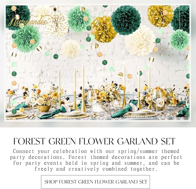 NICROLANDEE Green Wedding Party Decorations - 15 PCS Green Tissue Paper Pom Poms, Dots Paper Garland for Neutral Baby Shower, St. Patrick's Day Party, Birthday, Bridal Showers, Rustic Wedding Decor