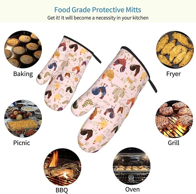 Chicken Pattern Oven Mitts of 2-Pack Set, Funny Kitchen Gloves Heat Resistant Non-Slip Kitchen Mitts Safe Cooking Baking Grilling