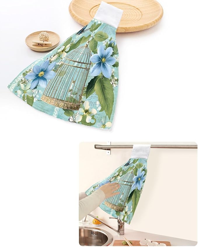 Alandar Home Kitchen Tie Towel Set of 2, Summer Flower Leaf Birdcage Absorbent Soft Hand Towels for Bathroom Hanging Towels, Retro Watercolor Butterfly Plant Fast Drying Cleaning Cloth with Loop
