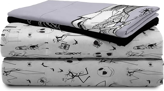 Jay Franco Kids Sheet Set with Fitted, Flat Sheets & Pillow Cover - Ultra-Soft Bedding with Pillowcase for Room Decor, White - Nightmare Before Christmas, 4 Piece Queen