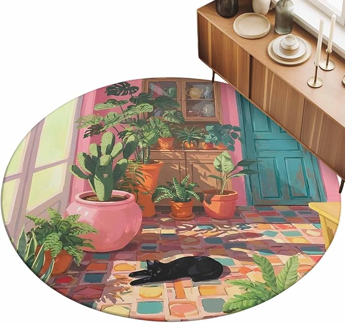 Washable Round Area Rug Sleeping Cat Pink Sunlit Room Circle Rugs Floor Carpet for Living Room Bedroom, Potted Plants Soft Non Slip Round Rug 5ft