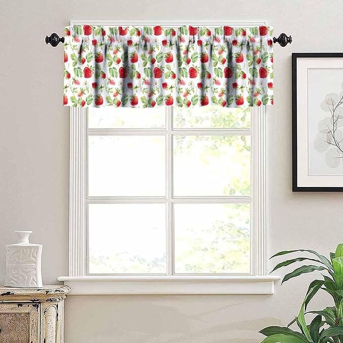 Watercolor Strawberry Curtain Valance, Sweet Red Fruit Green Leaf Kitchen Window Treatment for Dining Room Living Room Bedroom Resturant Party Home Decor, 54x18Inch