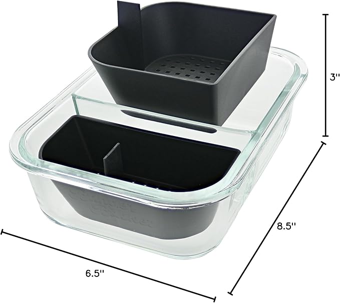Two Compartment Borosilicate Glass Container Cleaning Tool with Sealable Lid (Black)